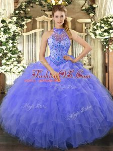 Charming Sleeveless Organza Floor Length Lace Up Sweet 16 Dress in Blue with Beading and Embroidery and Ruffles
