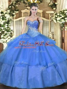 Custom Design Sweetheart Sleeveless Tulle Sweet 16 Dresses Beading and Ruffled Layers Lace Up