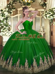 Green Ball Gowns Appliques Sweet 16 Dress Zipper Tulle Sleeveless Floor Length