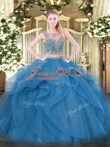 Decent Blue Lace Up Sweet 16 Dresses Beading and Ruffles Sleeveless Floor Length