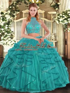Dramatic Turquoise Two Pieces Tulle Halter Top Sleeveless Beading and Ruffled Layers Floor Length Criss Cross Quinceanera Gown