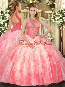 Sleeveless Organza Floor Length Lace Up Sweet 16 Quinceanera Dress in Watermelon Red with Beading and Ruffles