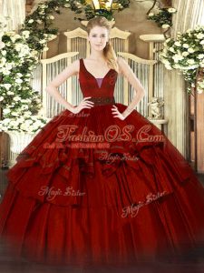 Wine Red Organza Zipper Straps Sleeveless Floor Length Sweet 16 Dresses Beading and Ruffled Layers