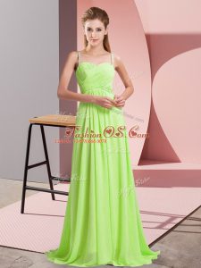 Stunning Yellow Green Criss Cross Prom Dresses Ruching Sleeveless Sweep Train