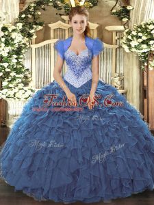 Custom Made Ball Gowns Sweet 16 Dresses Navy Blue Sweetheart Organza Sleeveless Floor Length Lace Up