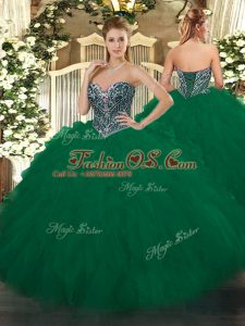 Custom Design Dark Green Sweetheart Neckline Beading and Ruffles Quince Ball Gowns Sleeveless Lace Up