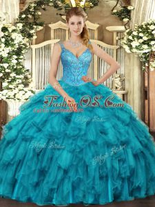 Pretty Teal Sleeveless Organza Lace Up Sweet 16 Dress for Military Ball and Sweet 16 and Quinceanera