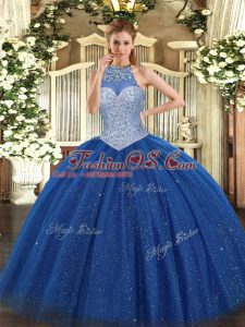 Amazing Halter Top Sleeveless Tulle 15 Quinceanera Dress Beading Lace Up