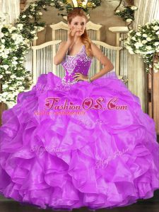 Floor Length Lilac Ball Gown Prom Dress Organza Sleeveless Beading and Ruffles