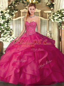 Sleeveless Tulle Floor Length Lace Up Quinceanera Gown in Hot Pink with Beading and Ruffles