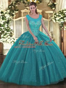 Clearance Ball Gowns Ball Gown Prom Dress Teal Scoop Tulle and Sequined Sleeveless Floor Length Backless