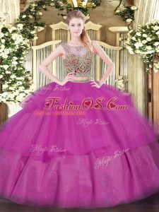 Fuchsia Scoop Lace Up Beading and Ruffled Layers Quince Ball Gowns Sleeveless