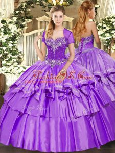 Fabulous Sleeveless Organza and Taffeta Floor Length Lace Up Ball Gown Prom Dress in Lavender with Beading and Ruffled Layers