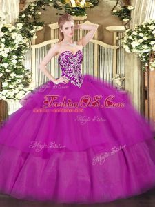 Fuchsia Sweetheart Neckline Beading and Ruffled Layers Vestidos de Quinceanera Sleeveless Lace Up
