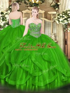 Simple Green Tulle Lace Up Quince Ball Gowns Sleeveless Floor Length Beading and Ruffles