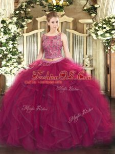 Artistic Fuchsia Scoop Lace Up Beading and Ruffles Quinceanera Dresses Sleeveless