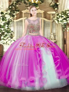 Beauteous Tulle Scoop Sleeveless Lace Up Beading and Ruffles Quince Ball Gowns in Fuchsia