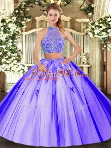 Sleeveless Tulle Floor Length Criss Cross Quince Ball Gowns in Lavender with Beading
