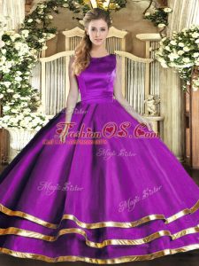 Scoop Sleeveless Lace Up Sweet 16 Quinceanera Dress Eggplant Purple Tulle