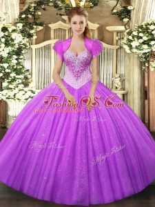 Lilac Ball Gowns Tulle Sweetheart Sleeveless Beading Floor Length Lace Up 15 Quinceanera Dress