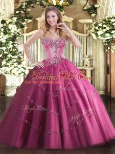 Floor Length Fuchsia Vestidos de Quinceanera Tulle Sleeveless Beading