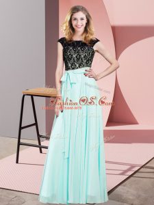 On Sale Aqua Blue Empire Chiffon Scoop Sleeveless Lace Floor Length Lace Up Evening Dress