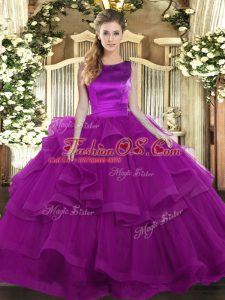 Low Price Purple Scoop Neckline Ruffles Quince Ball Gowns Sleeveless Lace Up