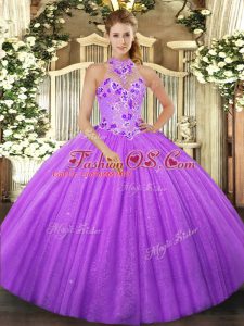High Quality Halter Top Sleeveless Sweet 16 Dress Floor Length Beading Lavender Tulle
