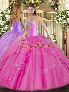 Elegant Fuchsia Lace Up 15 Quinceanera Dress Beading and Ruffles Sleeveless Floor Length