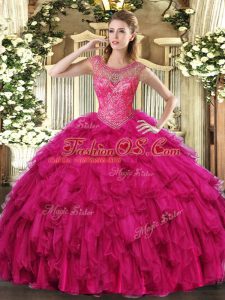 Sleeveless Organza Floor Length Lace Up 15 Quinceanera Dress in Fuchsia with Beading and Ruffles