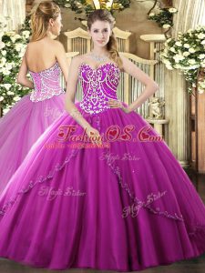 Gorgeous Fuchsia Ball Gowns Beading Quinceanera Gowns Lace Up Tulle Sleeveless