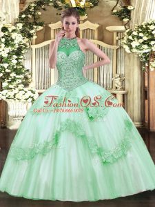 Apple Green Sleeveless Beading and Appliques Floor Length Quince Ball Gowns