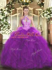 Eye-catching Purple Ball Gowns Organza Halter Top Sleeveless Ruffles and Sequins Floor Length Lace Up Ball Gown Prom Dress