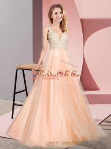 Peach Tulle Zipper V-neck Sleeveless Floor Length Prom Dresses Lace