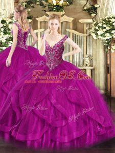 Hot Selling Sleeveless Tulle Floor Length Lace Up 15th Birthday Dress in Fuchsia with Beading and Ruffles