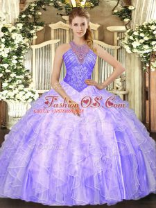 Latest Lavender Organza Lace Up Ball Gown Prom Dress Sleeveless Floor Length Beading and Ruffles