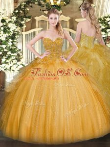Gold Ball Gowns Sweetheart Sleeveless Tulle Floor Length Lace Up Lace Quince Ball Gowns