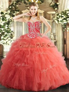 Sweetheart Sleeveless Vestidos de Quinceanera Floor Length Beading and Ruffles Watermelon Red Tulle