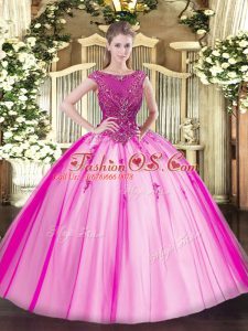 Captivating Beading and Appliques Sweet 16 Quinceanera Dress Fuchsia Lace Up Cap Sleeves Floor Length