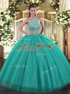 Custom Designed Turquoise Halter Top Lace Up Beading Quinceanera Dresses Sleeveless