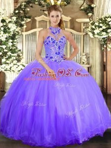 Fancy Lavender Halter Top Neckline Embroidery Sweet 16 Quinceanera Dress Sleeveless Lace Up