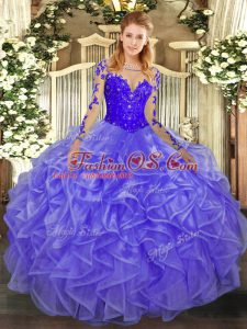 Designer Long Sleeves Floor Length Lace and Ruffles Lace Up Quinceanera Dress with Lavender