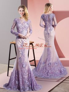 Long Sleeves Sweep Train Beading and Appliques Zipper Dress for Prom
