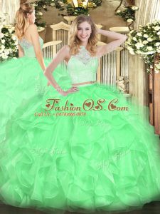 Graceful Organza Scoop Sleeveless Zipper Lace and Ruffles Quinceanera Gown in Apple Green