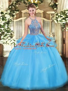 Aqua Blue Lace Up Quinceanera Dress Beading and Ruffles Sleeveless Floor Length