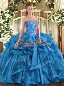 Custom Fit Floor Length Blue 15 Quinceanera Dress Organza Sleeveless Embroidery and Ruffles