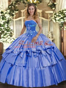 Wonderful Organza and Taffeta Strapless Sleeveless Lace Up Beading and Ruffled Layers Quinceanera Dresses in Blue