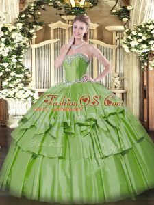 Yellow Green Organza and Taffeta Lace Up Sweetheart Sleeveless Floor Length Quinceanera Dress Beading and Ruffled Layers