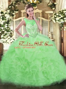 Dynamic Apple Green Lace Up Scoop Beading and Ruffles Quinceanera Gowns Organza Sleeveless