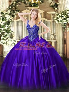 Purple Sleeveless Floor Length Beading Lace Up Sweet 16 Quinceanera Dress